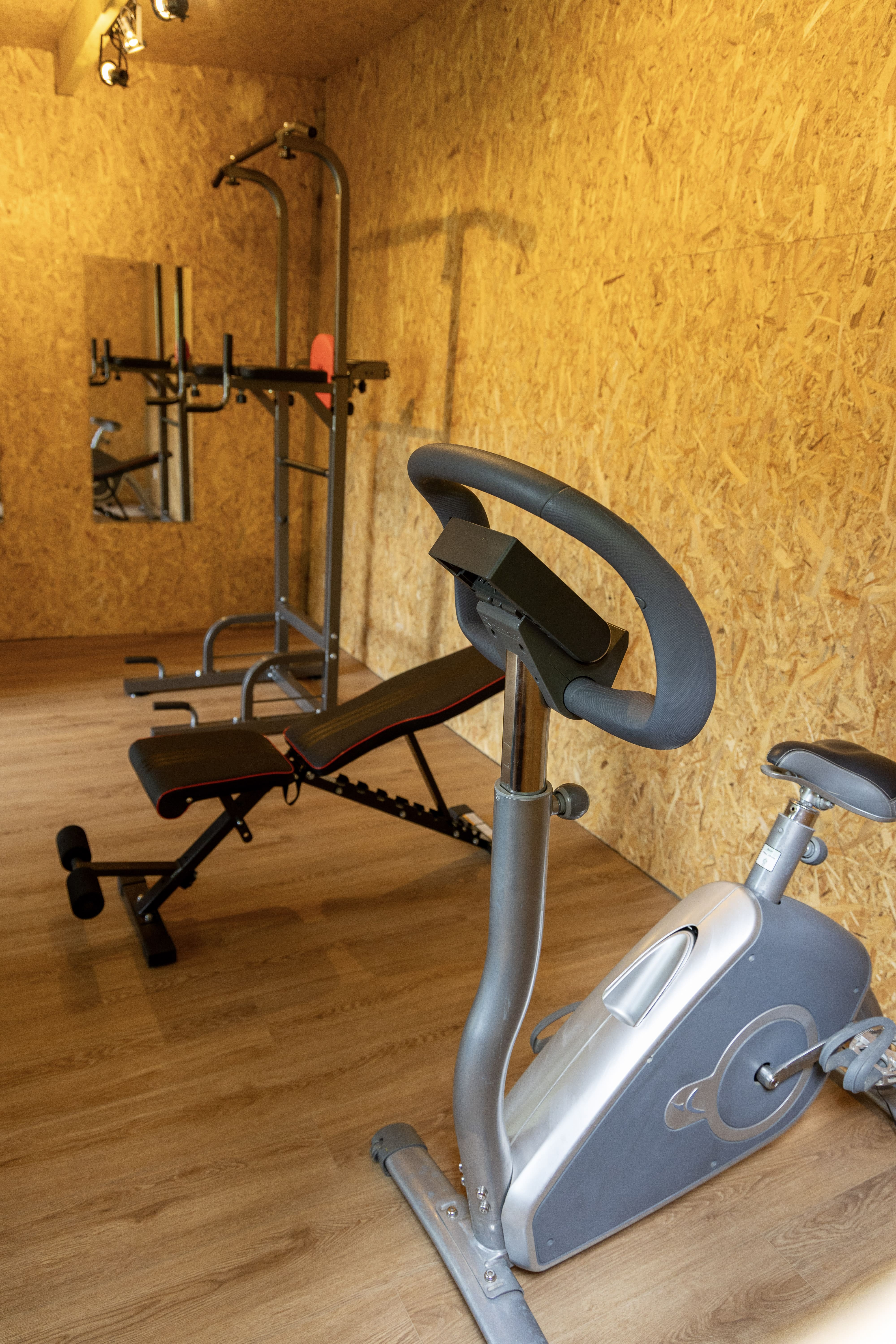Privater Fitnessraum in einer verglasten Hütte am Ende des Gartens